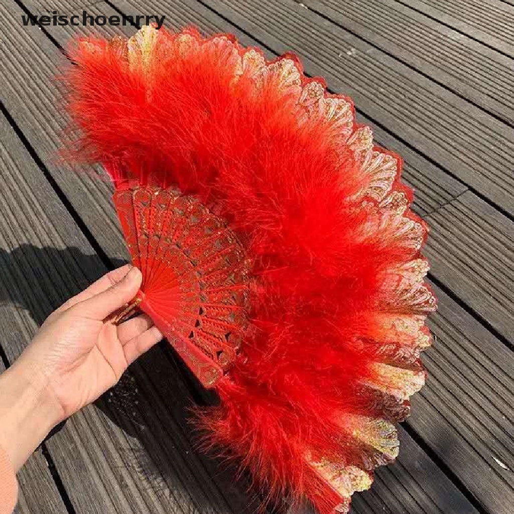 Quạt xếp phối lông vũ phong cách Lolita nhiều màu tùy chọn