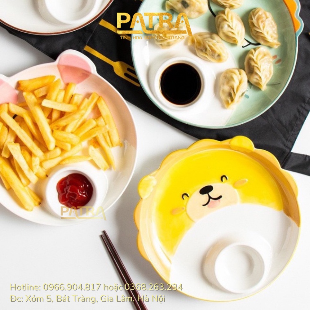 Đĩa sứ hoạt hình có ngăn chấm tiện lợi, dĩa sứ decor họa tiết dễ thương