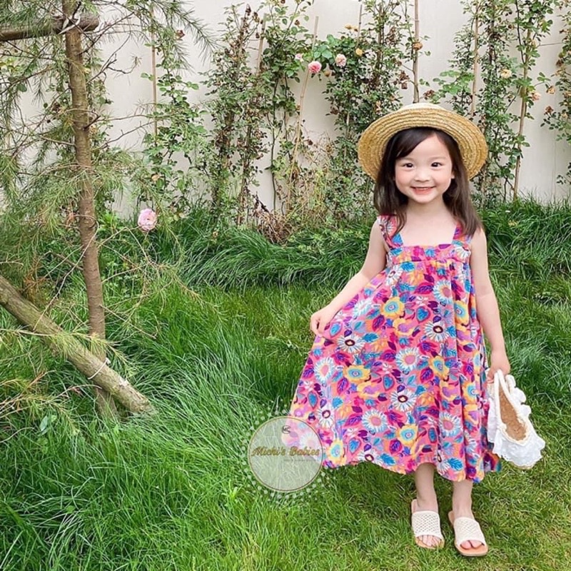 Váy 2 dây maxi đi biển phom xoè siêu to, váy 2 dây hoa nhí siêu xinh cho bé (K12)