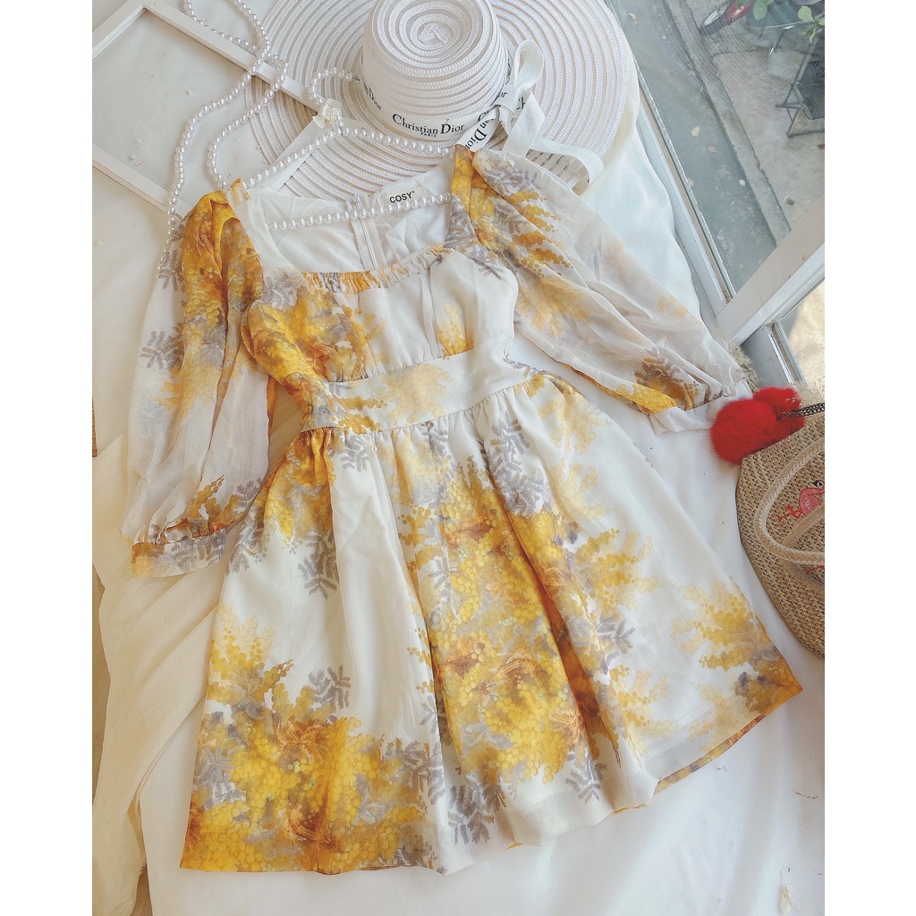 Đầm Hoa Vàng Tiểu Thư AU.Design Tay Lỡ Họa Tiết Nổi Bật Sang Trọng Freesize
