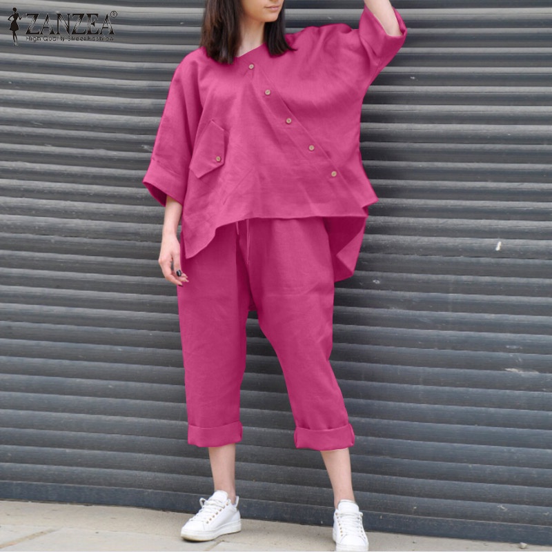 Set đồ 2 món Zanzea gồm áo thun cổ tròn tay lửng và quần lưng thun duyên dáng sành điệu cho nữ