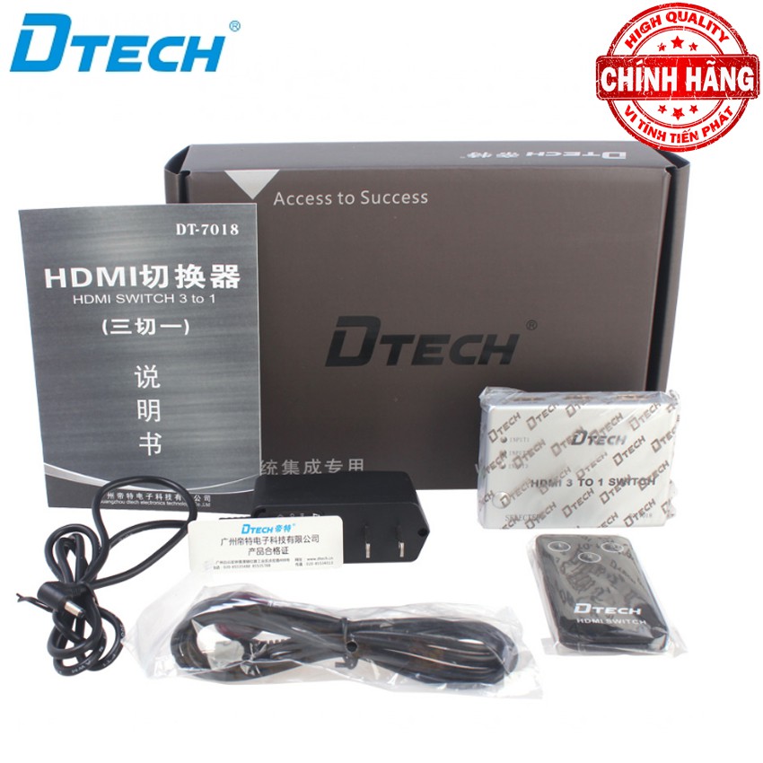 Switch bộ chia HDMI 3 vào 1 ra (3 máy tính ra 1 màn hình) Dtech DT-7018