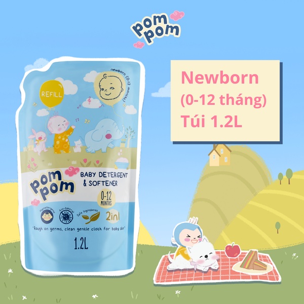 Túi Nước Giặt Xả 1.2L- Pom Pom Newborn Cho Bé 0-12 Tháng Tuổi