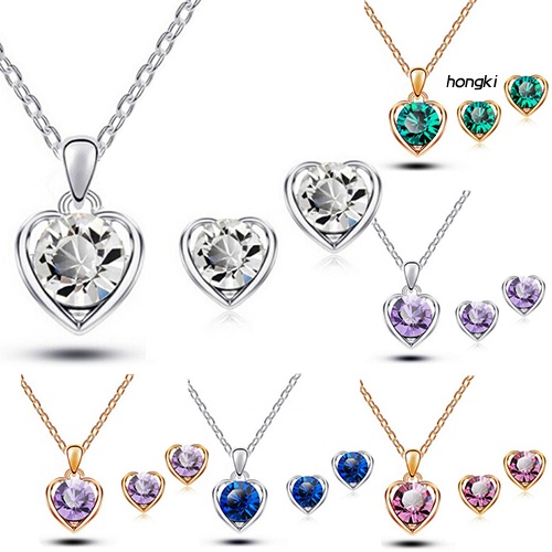 Set Vòng cổ Và Đôi Khuyên Tai Hình Trái Tim Đính Đá Pha Lê Thời Trang Dành Cho Nữ