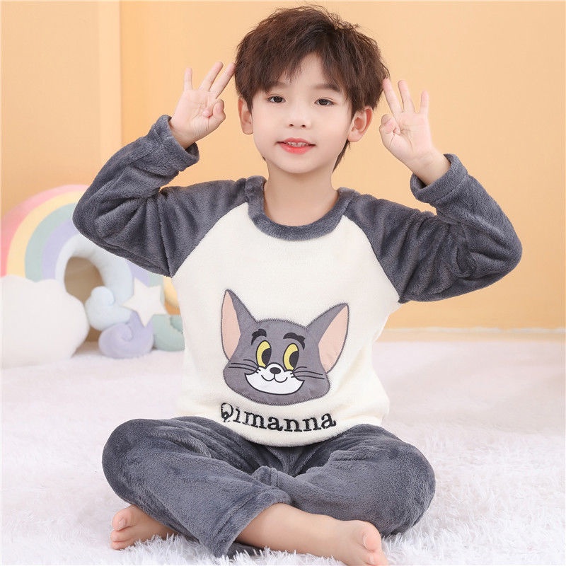 Bộ Đồ Ngủ Bằng Nỉ Dày Giữ Ấm Mùa Đông Họa Tiết Hoạt Hình Cho Bé Trai
