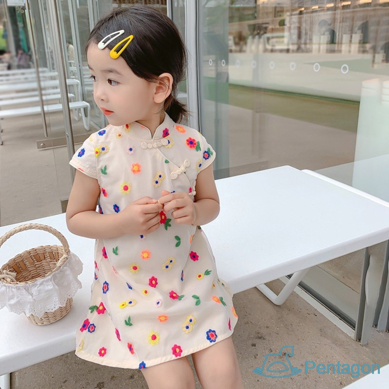 Đầm Công Chúa Sườn Xám Phối Lưới Nhiều Màu Dễ Thương Phong Cách Trung Hoa Cho Bé Gái