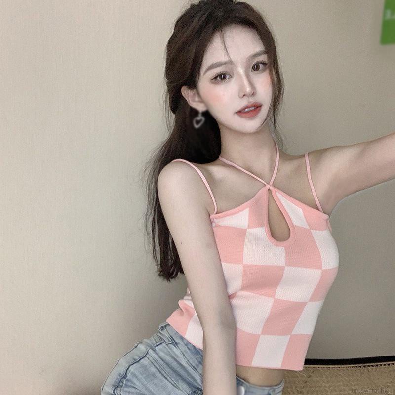 Áo hai dây dệt kim dáng ôm họa tiết kẻ ô caro thời trang gợi cảm sành điệu cho nữ
