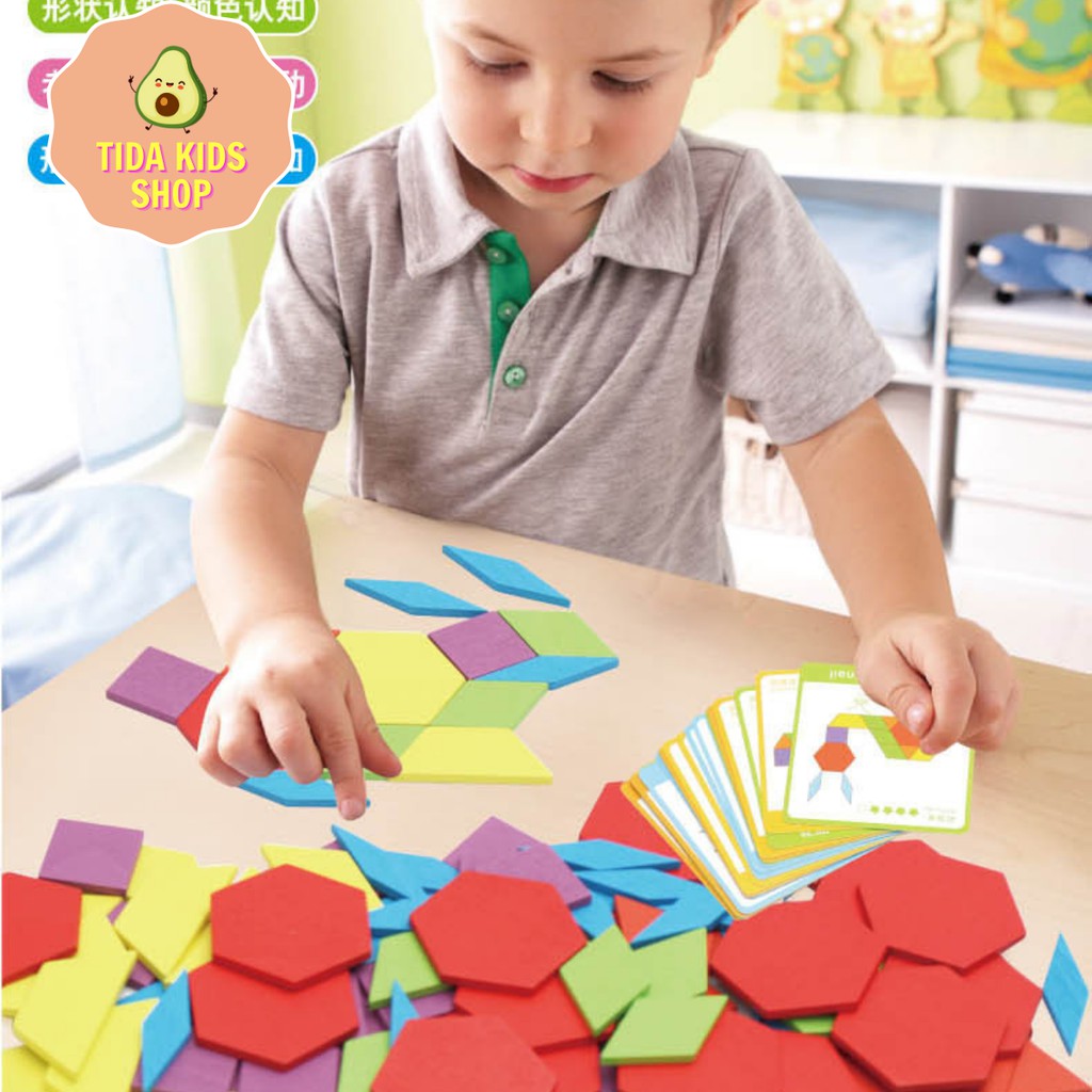 Đồ Chơi Xếp Hình ❤️ Freeship ❤️ Giá Tốt ❤️ Ghép Hình Puzzle Pattern Blocks 130 Miếng Ghép + 24 Thẻ ❤️ TiDa Kids Shop