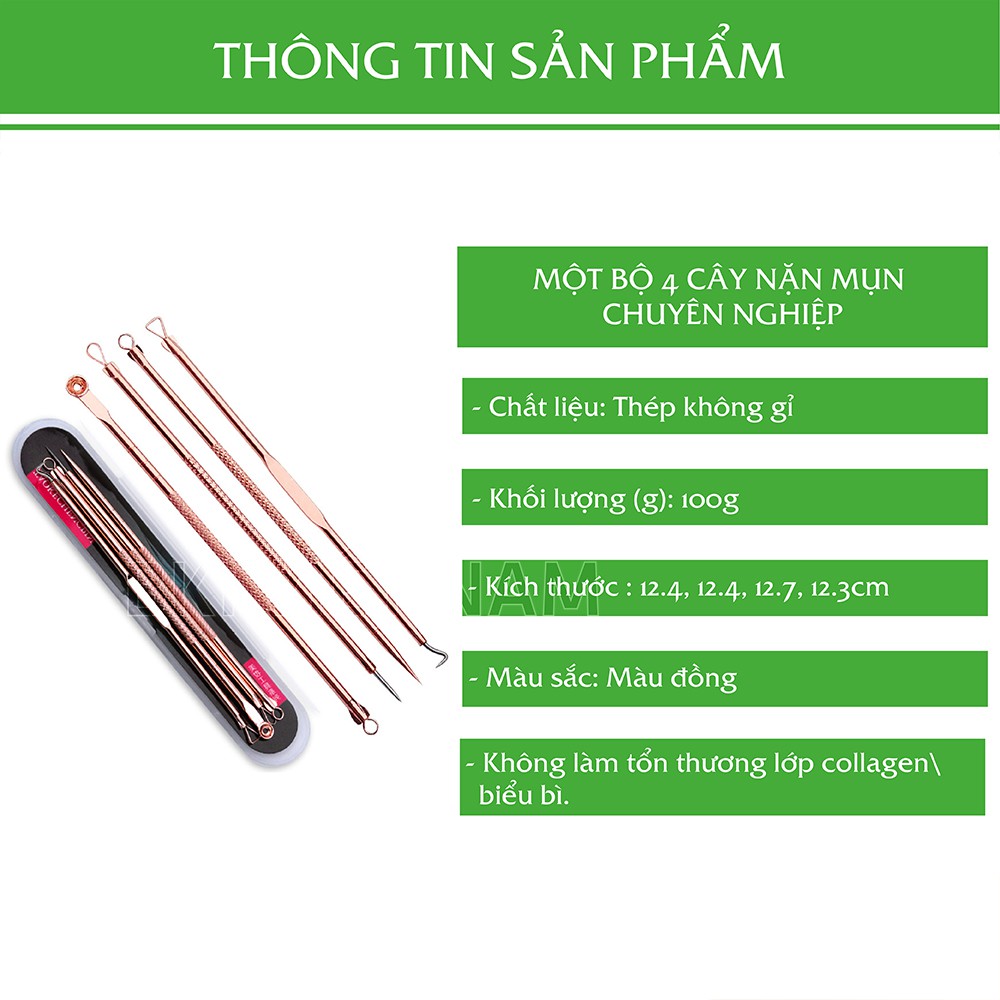 Bộ dụng cụ nặn mụn 4 cây 8 đầu, cây lấy mụn chuyên nghiệp màu đồng được làm từ thép không gỉ