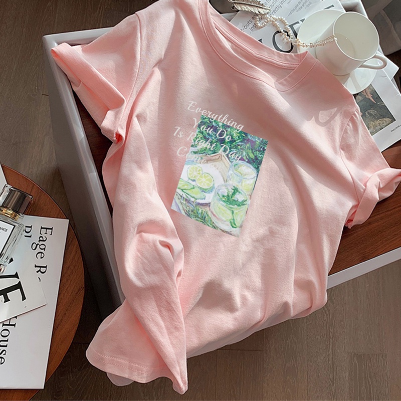 Áo thun HIIXIIVI 100% cotton tay ngắn cổ tròn in hình phong cách Hàn Quốc thời trang mùa hè 2022 cho nữ