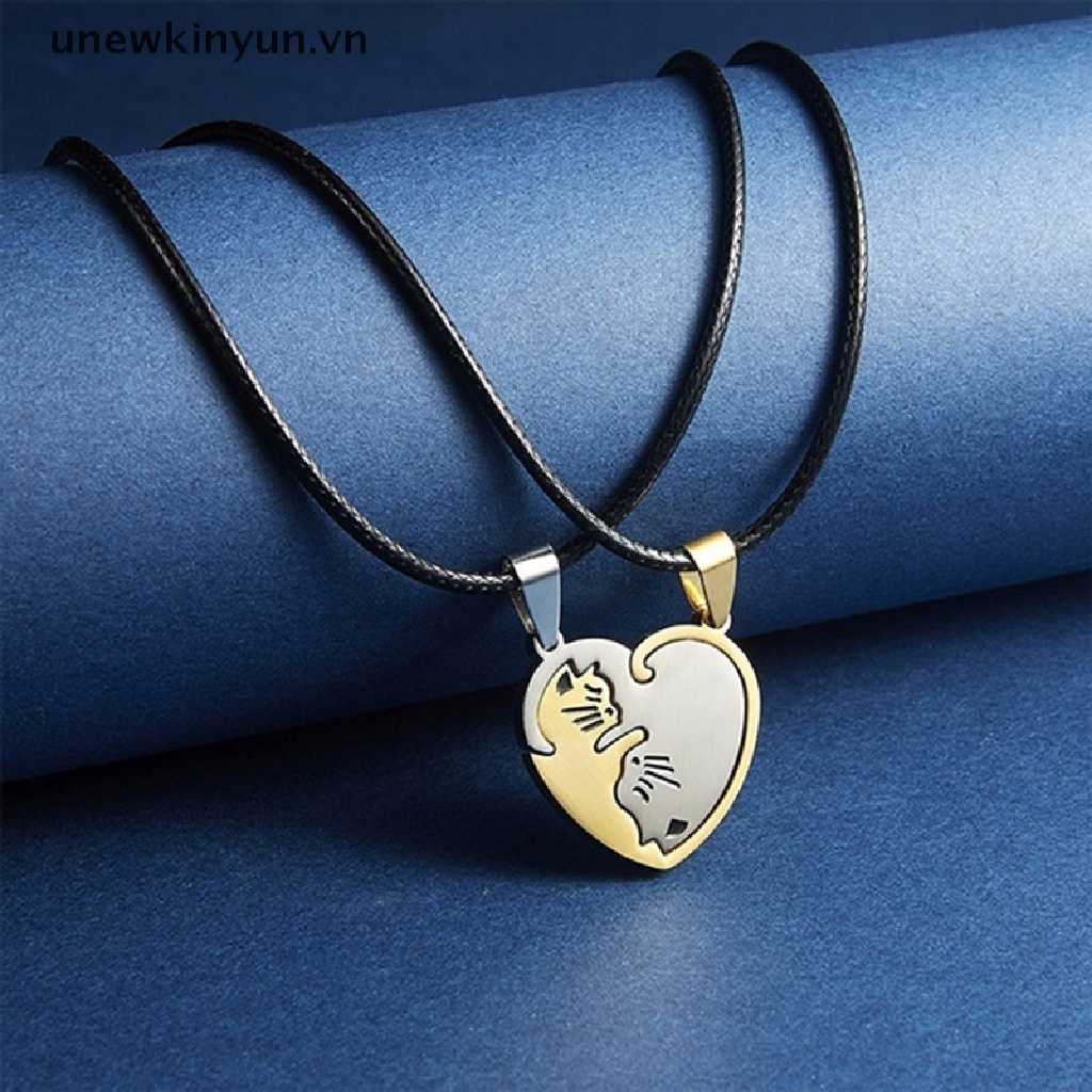 【UU】 2pc/set Couple Heart Necklace Matching Puzzle Cat Pendant Jewelry Valentine Gift .