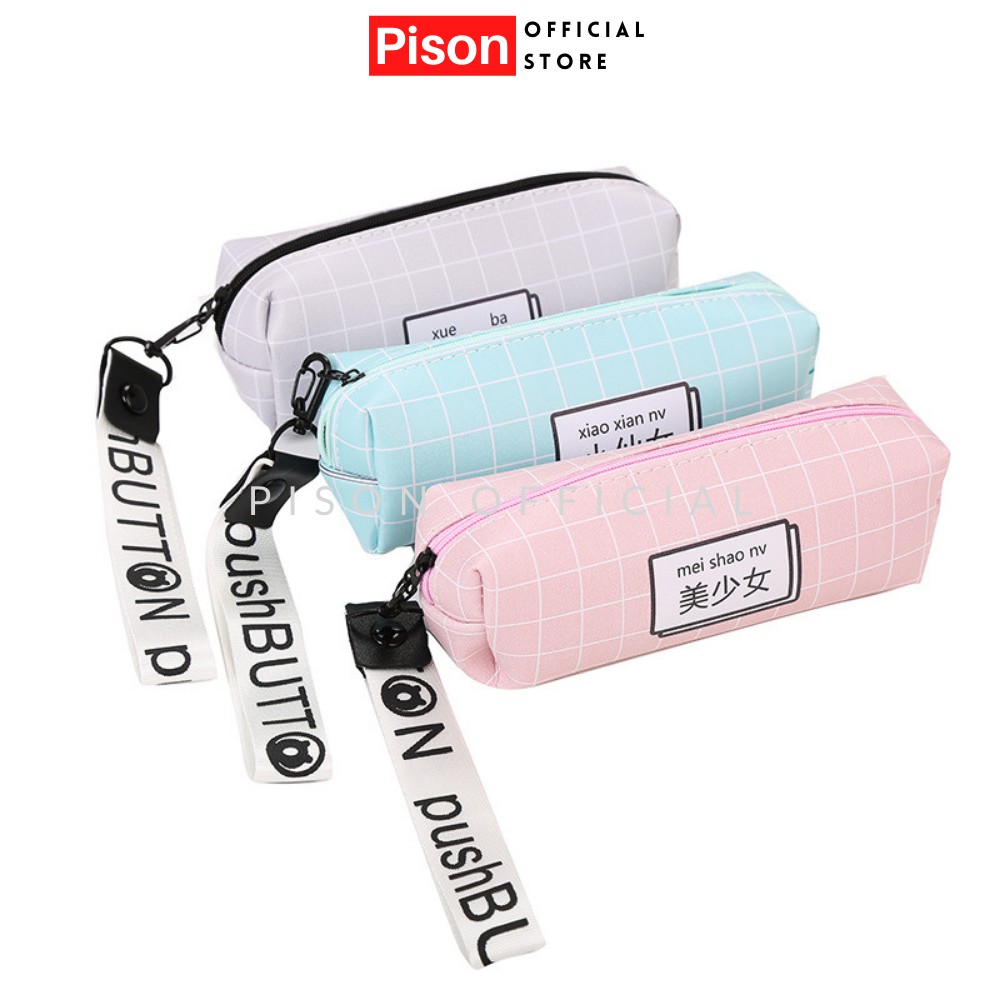 Hộp bút Hình vuông chữ trung có dây đeo Pison, bao bút họa tiết dễ thương da PU 18.5*7.5*5cm – PVN1791 – 1 cái