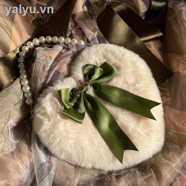 Túi xách lông nhung phối dây xích đính ngọc trai xinh xắn phong cách thời trang lolita