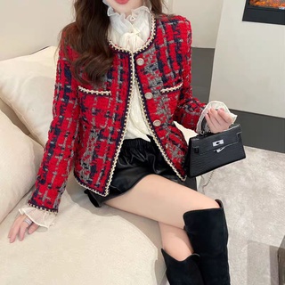 (SẴN) Áo dạ tweed đỏ viền