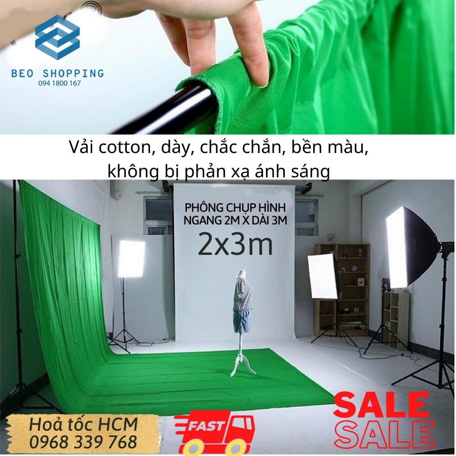 Phông vải xanh lá và màu trắng tách nền chất vải cotton cao cấp dùng để chụp hình, chụp sản phẩm, quay video cho studio