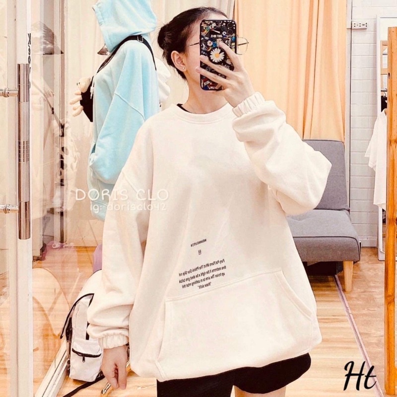 Áo nỉ cổ tròn rút gấu chữ túi H26