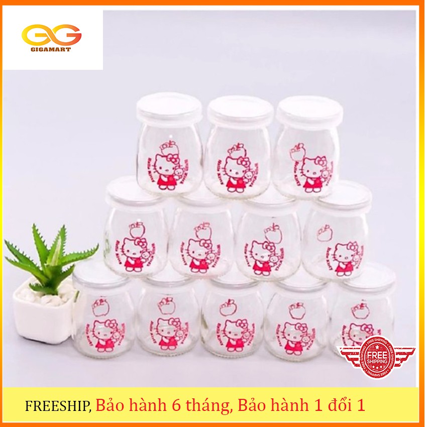 Bộ 12 hũ thủy tinh làm sữa chua 100ml , có nắp đậy, in hình Hello Kitty- Gigamart
