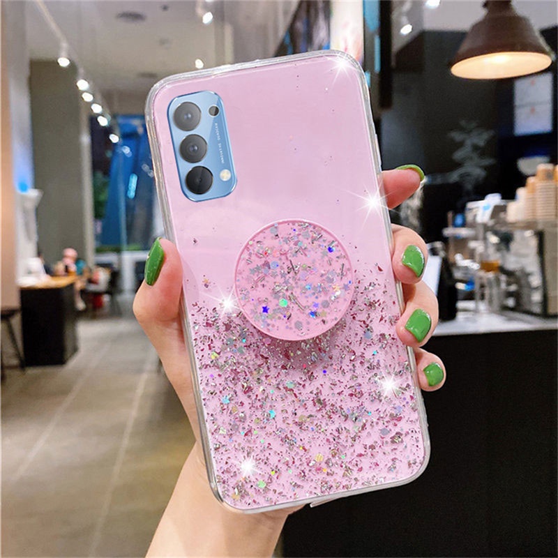 Glitter Bling Sequins Case Soft Silicone TPU Mirror Stand Holder Back Cover casing OPPO A15 A15s Reno 5 4G A12 A31 A52 A92 A93 A33 A53 A5 A9 2020