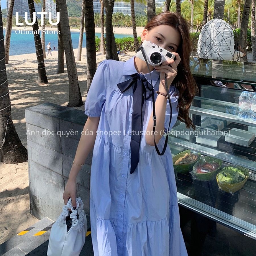 Váy Đầm Babydoll Xòe Tầng Sơ Mi Cổ Đức Kèm Nơ Siêu Xinh Chất Thô Mềm Cao Cấp