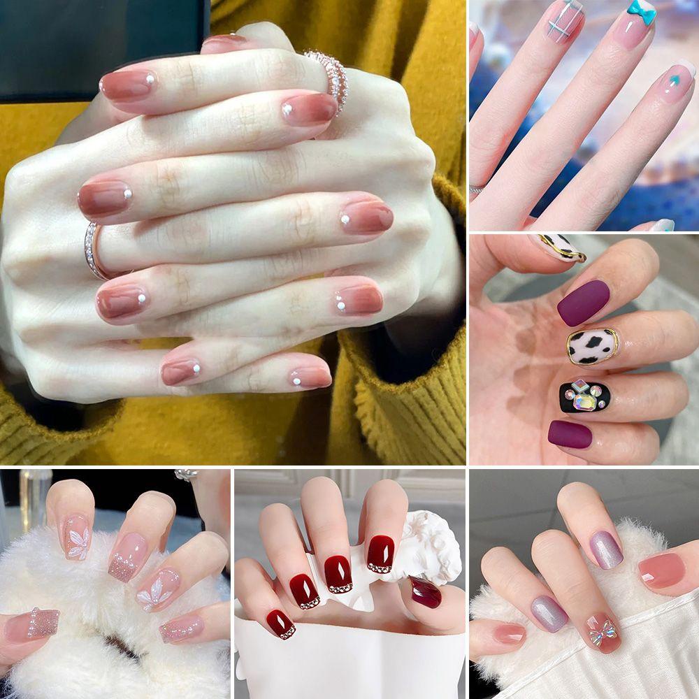 Hộp 1 24 Móng Tay Giả Ngắn / Tròn / Vuông Che Phủ Toàn Diện Dễ Tháo Rời