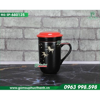 Ly sứ pha trà có nắp đậy men gốm Bát Tràng lòng đỏ