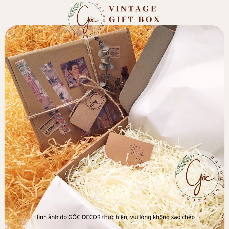 Hộp quà Vintage gift box 20*25*6cm kèm dây gai, rơm card tag stiker giấy lót đựng quà độc đáo không trùng lặp