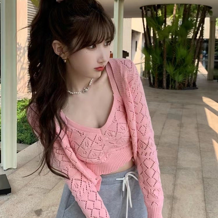 Bộ Áo Khoác cardigan Dệt Kim Phối Áo Hai Dây Thời Trang Mới Cho Nữ