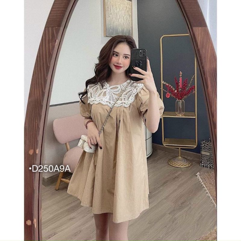Đầm Bầu Thời Trang Công Sở Váy Sơ Mi Cổ Ren Tay Bồng Form Rộng Ulzzang Thô Lụa Mát