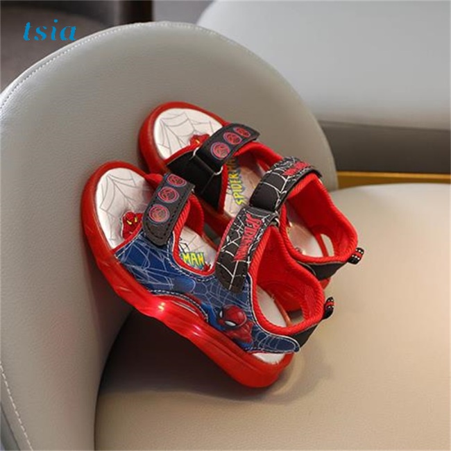 Xăng đan Da Nhân Tạo + Cao Su Hình Người Nhện Hoạt Hình Có Đèn Led Cho Bé Cỡ 24-30 Yards