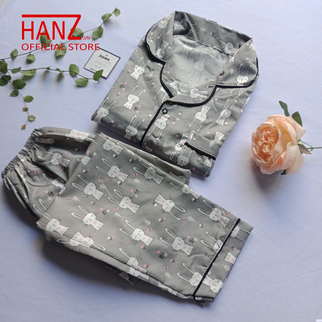 Bộ ngủ pijama lụa kate thái áo dài quần dài bộ mặc nhà mềm mại dễ thương H 1 Ghi Thỏ