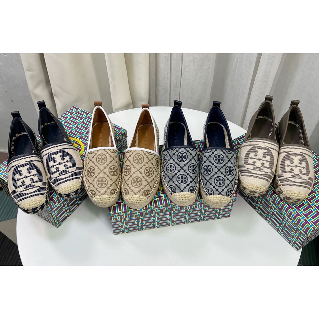 Giày đế cói nữ da thật thời trang cao cấp Tory Burch TB thiết kế thêu họa tiết logo