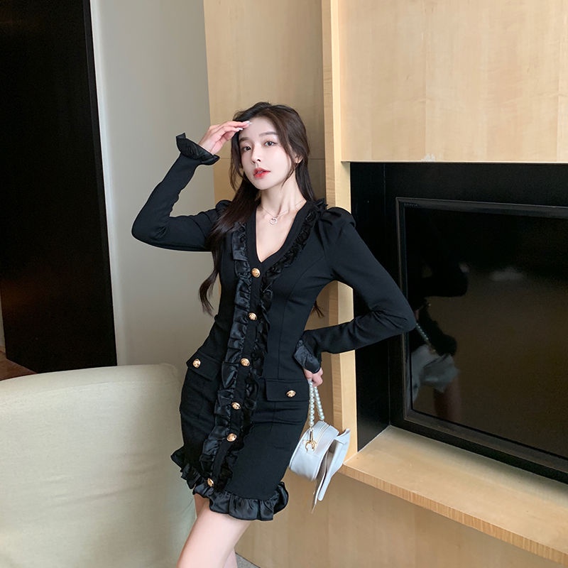 Đầm cổ chữ v phối bèo nhún xinh xắn thời trang cho nữ