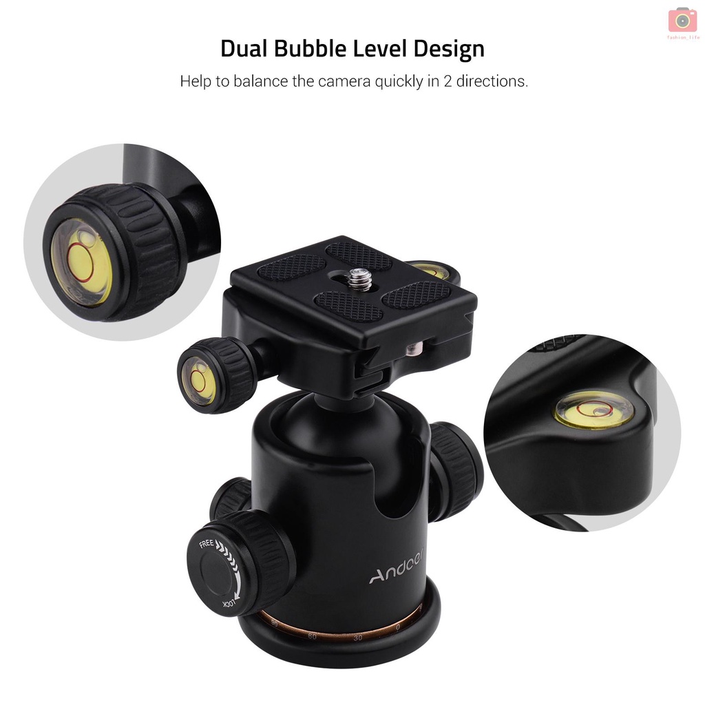 【fash】Andoer Aluminum Camera Panoramic Damper Ball Head Tripod Head 10KG Payload 360° Swivel 90° Flip with Quick Release Plate Scaled Plate Dual Bubble Level Universal 1/4in 3/8in Mounting