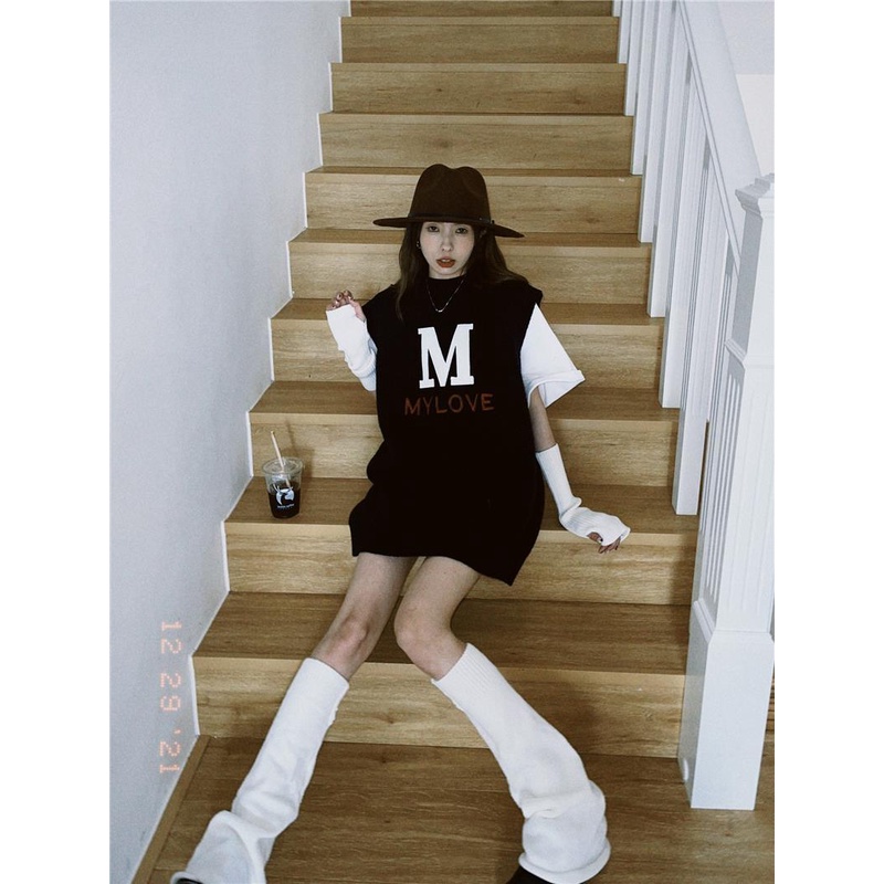 Áo Dệt Kim Sát Nách Dáng Rộng In Chữ Thiết Kế Mới Thời Trang Theo Phong Cách Hàn Quốc