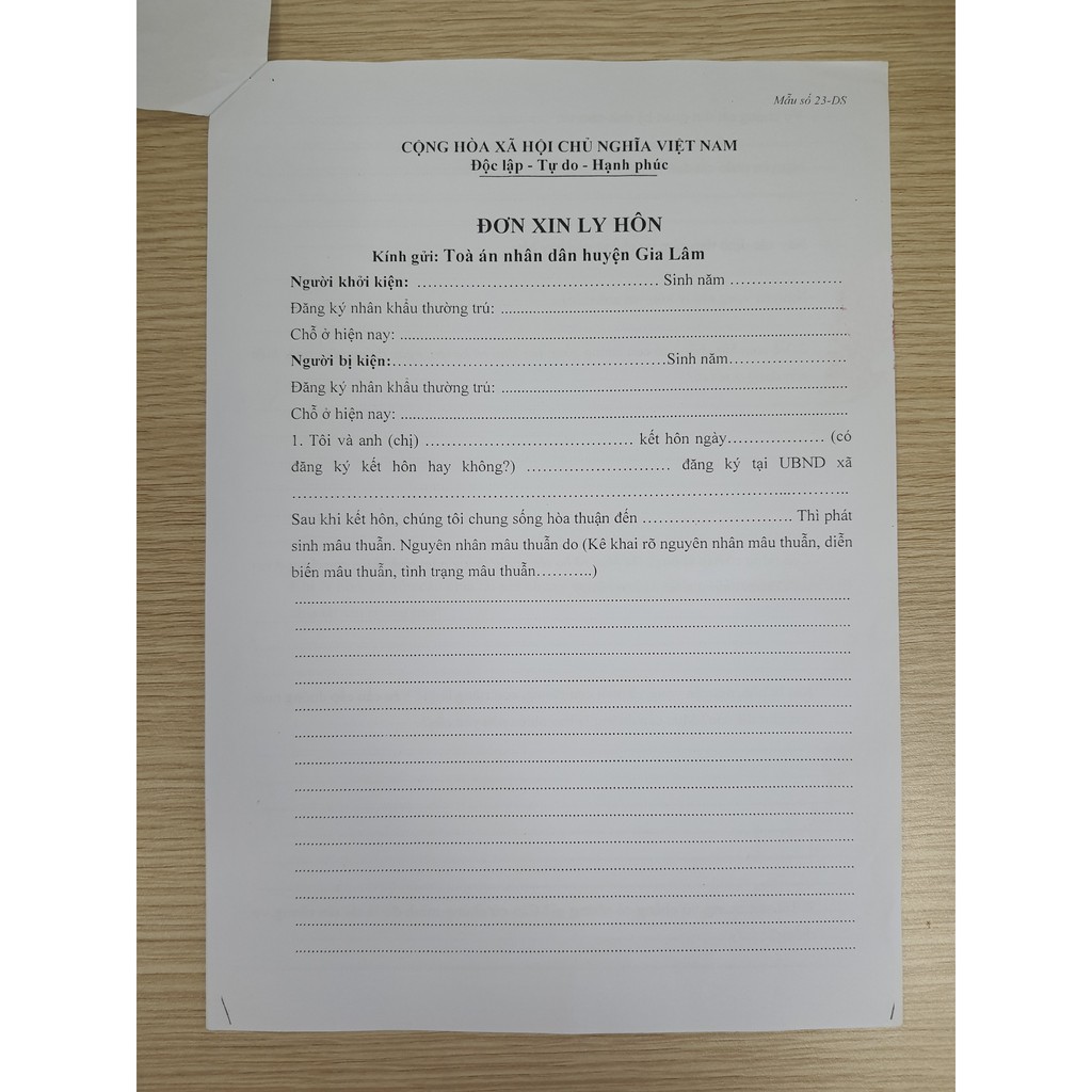 Mẫu đơn ly hôn của Tòa án huyện Gia Lâm+bản hướng dẫn chuẩn bị hồ sơ, hướng dẫn nộp hồ sơ đến Tòa án