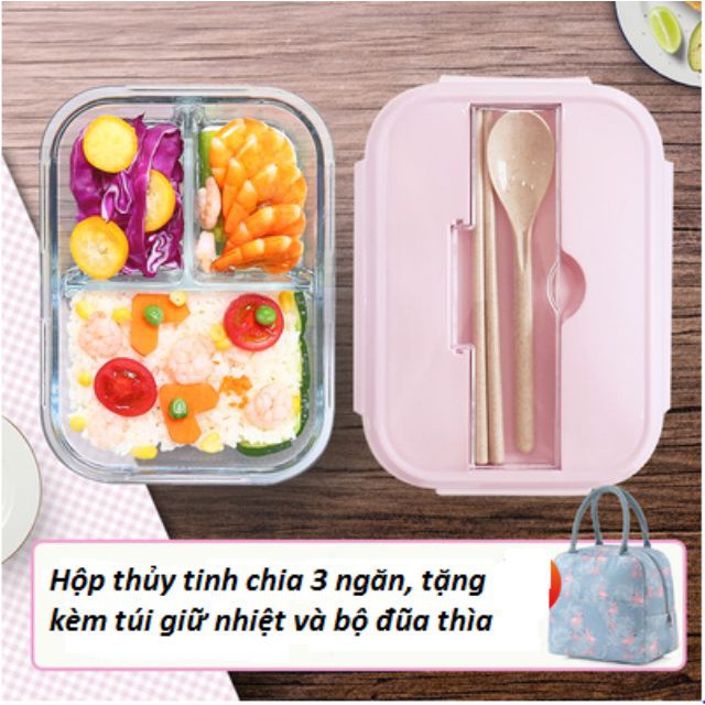 Hộp Đựng Cơm Văn Phòng Thủy Tinh Cao Cấp Kèm Đũa, Thìa Có Chia 3 Ngăn, 2 Ngăn, 1 Ngăn- Tặng Kèm Túi