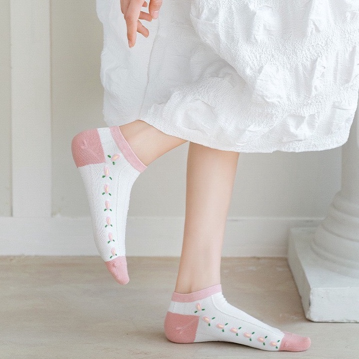 Tất vớ cổ ngắn họa tiết Vintage dễ thương màu trắng màu hồng cho nữ LUCIA SISTER T10
