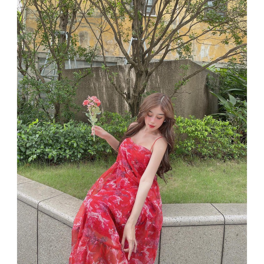 [HÀNG THIẾT KẾ CAO CẤP] Đầm Maxi Hoa Hai Dây Nhún Ngực Voan Tơ Đi Biển Màu Đỏ