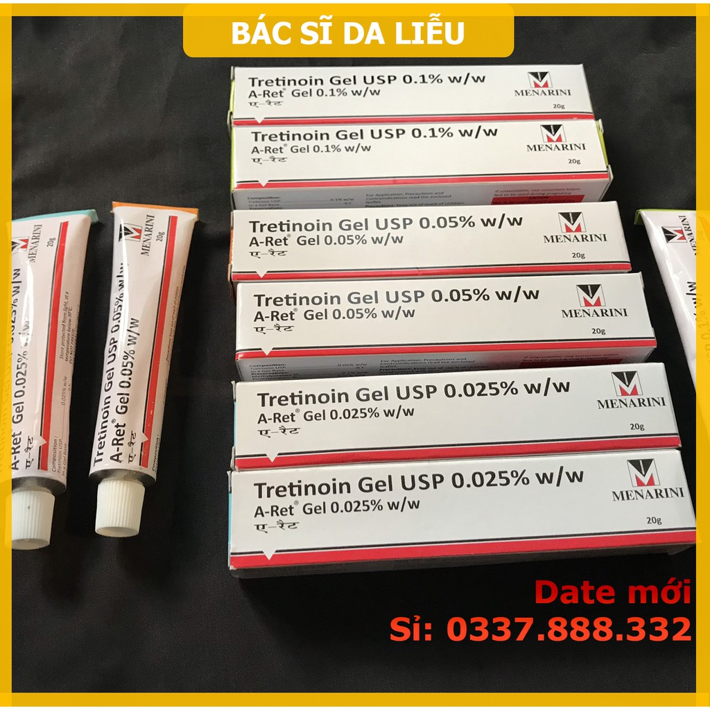 Tretinoin Aret gel 0.1% 0.05% 0.025% ngăn lão hóa, mụn (20g) - A ret tretinol và tre ấn độ