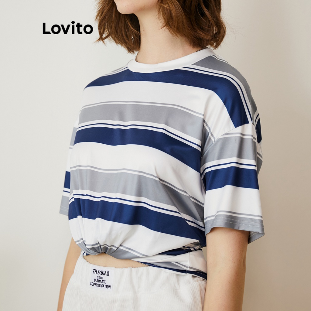 (Hàng có sẵn) Lovito Áo Thun Trơn Cổ Tròn SọC ThườNg L22AD034 (Xanh Và TrắNg)