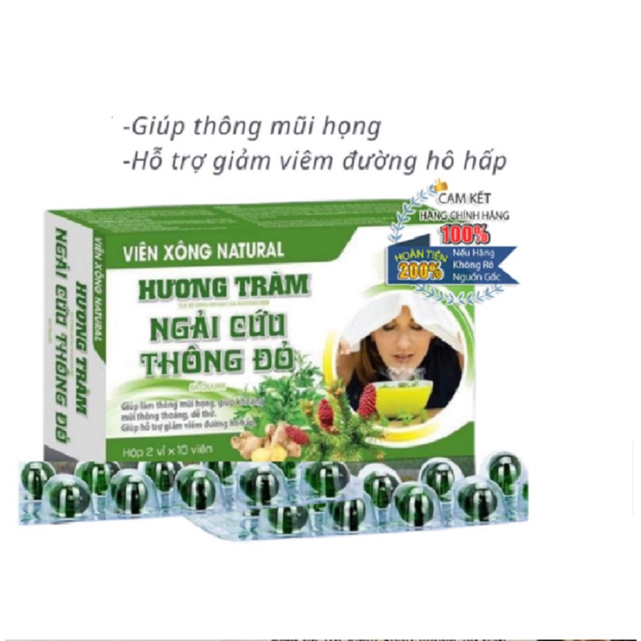 Viên xông Natural Hương Tràm, Ngải cứu, thông đỏ (hộp 20 viên) - Thông mũi, thoáng họng, hỗ trợ giảm viêm đường hô hấp