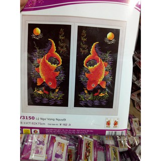 tranh thêu chữ thập đôi cá chép lý ngư vong nguyệt kt 82x75cm