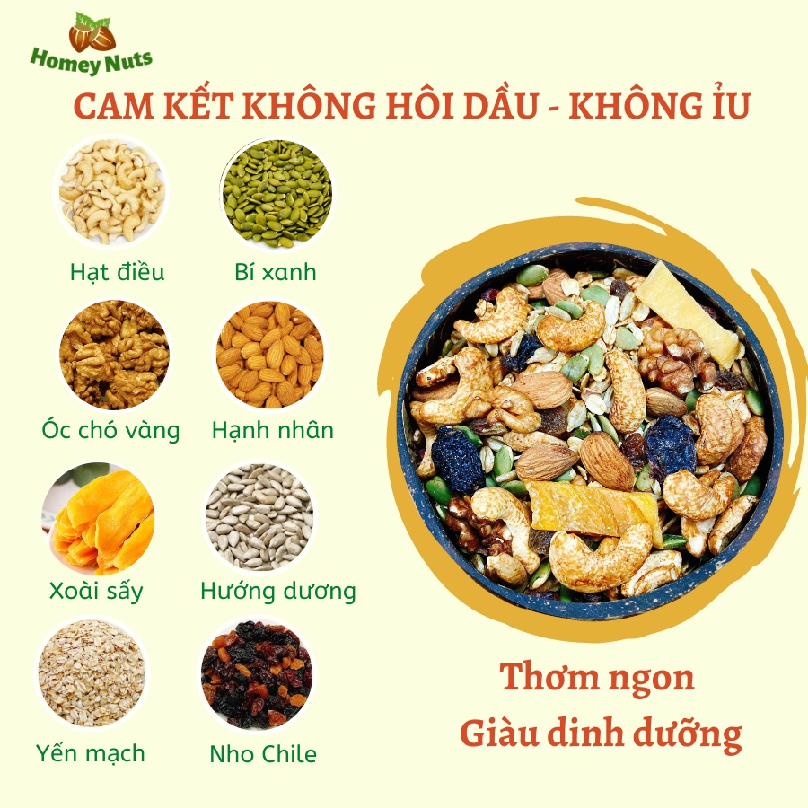 Ngũ cốc ăn kiêng, Granola giảm cân mix 8 loại hạt dinh dưỡng và hoa quả sấy, hoàn toàn không đường, nướng mới hàng ngày