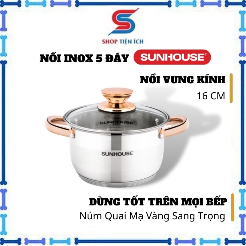 Nồi Sunhouse 5 đáy inox vung kính cao cấp 16cm Shop Tiện Ích