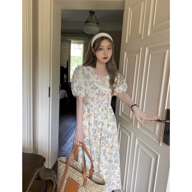 Váy Đầm Babydoll Hoa Nhí Vintage Cổ Tim Tay Lửng Chất Đũi Thô Xinh