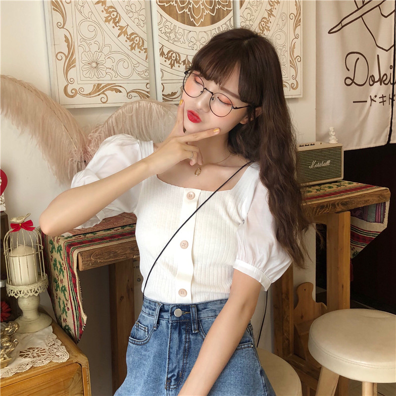 Áo croptop nữ tay ngắn bồng 2021, Áo kiểu nữ đẹp màu Đen Trắng Cổ Vuông Len Tăm Phối Cúc Sang Chảnh Thời Trang Hàn Quốc | BigBuy360 - bigbuy360.vn