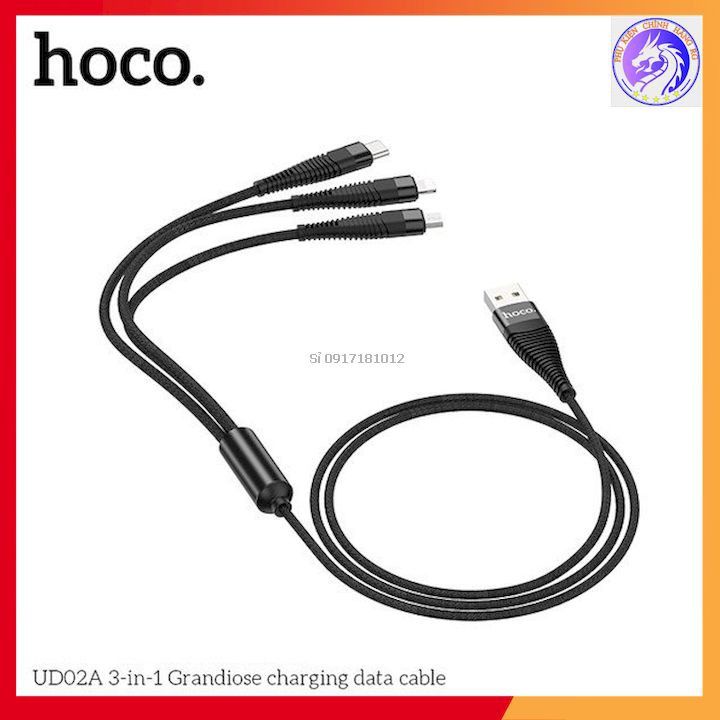 CÁP SẠC NHANH DÂY DÙ 3.0A 3 IN 1 HOCO UD02 - DÀI 1.0M | Cáp sạc 3 đầu chình hãng Bảo hành 12T