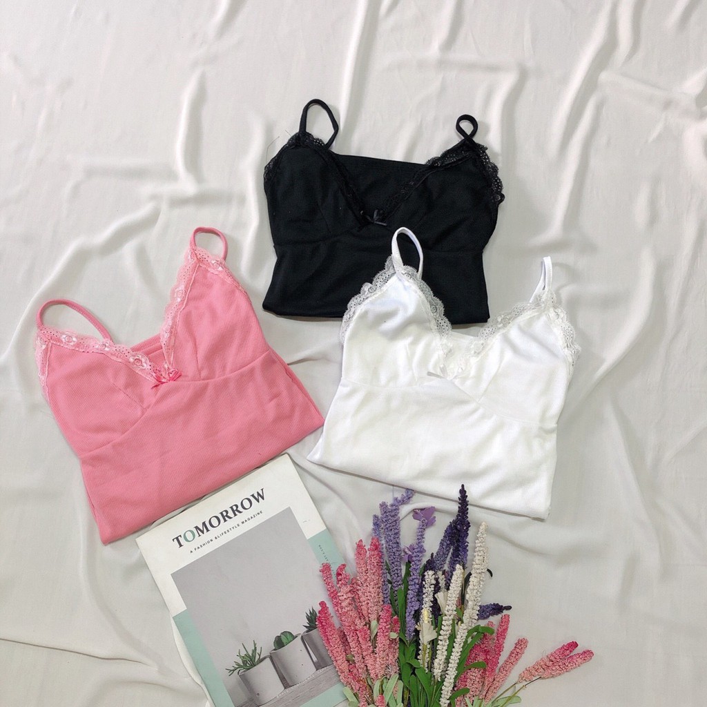 Set bộ áo 2 dây thun gân viền ren quần đùi sexy ảnh thật tự chụp