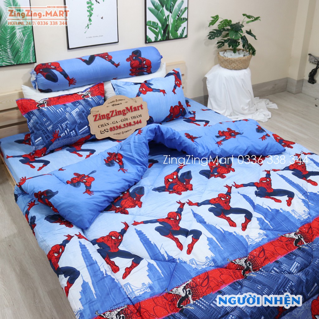 Sét 5 Món Chăn Phao Ga Gối vỏ gối ôm Mẫu NGƯỜI NHỆN