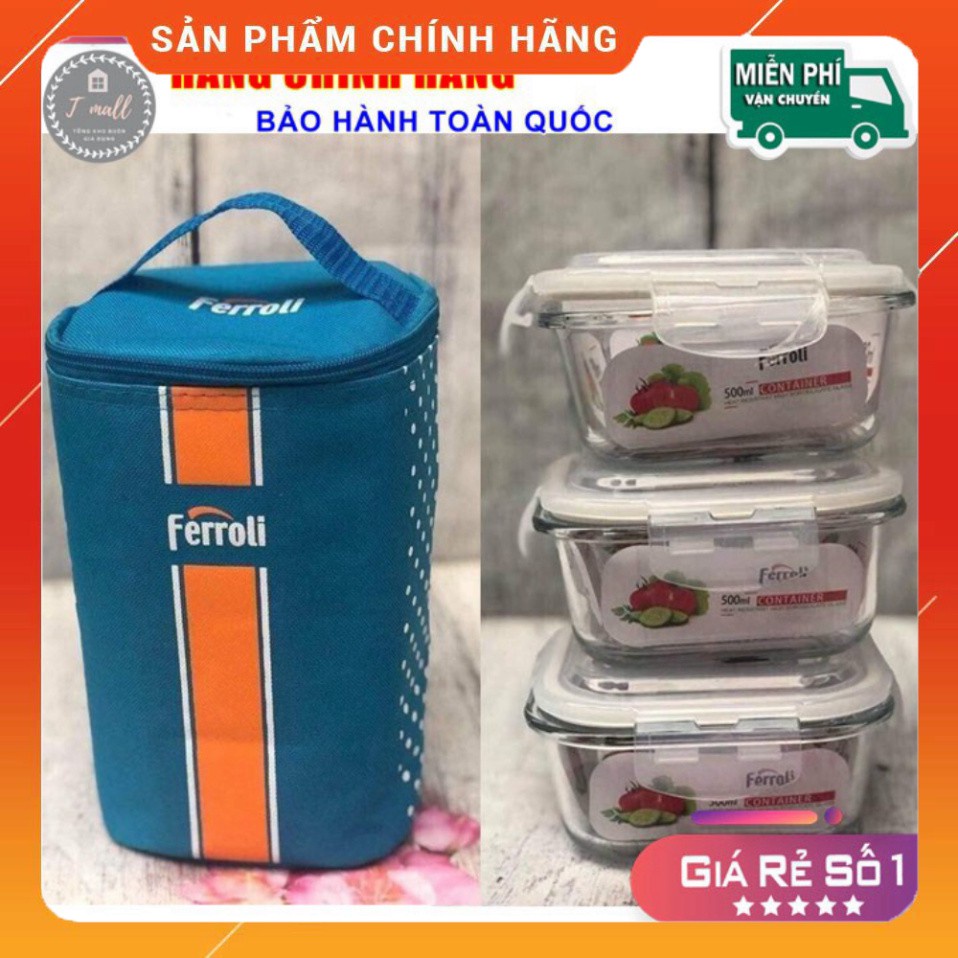 Bộ 3 thố thuỷ tinh Ferroli cao cấp hình vuông 500ml - TẶNG kèm túi giữ nhiệt, dùng được cho lò vi sóng